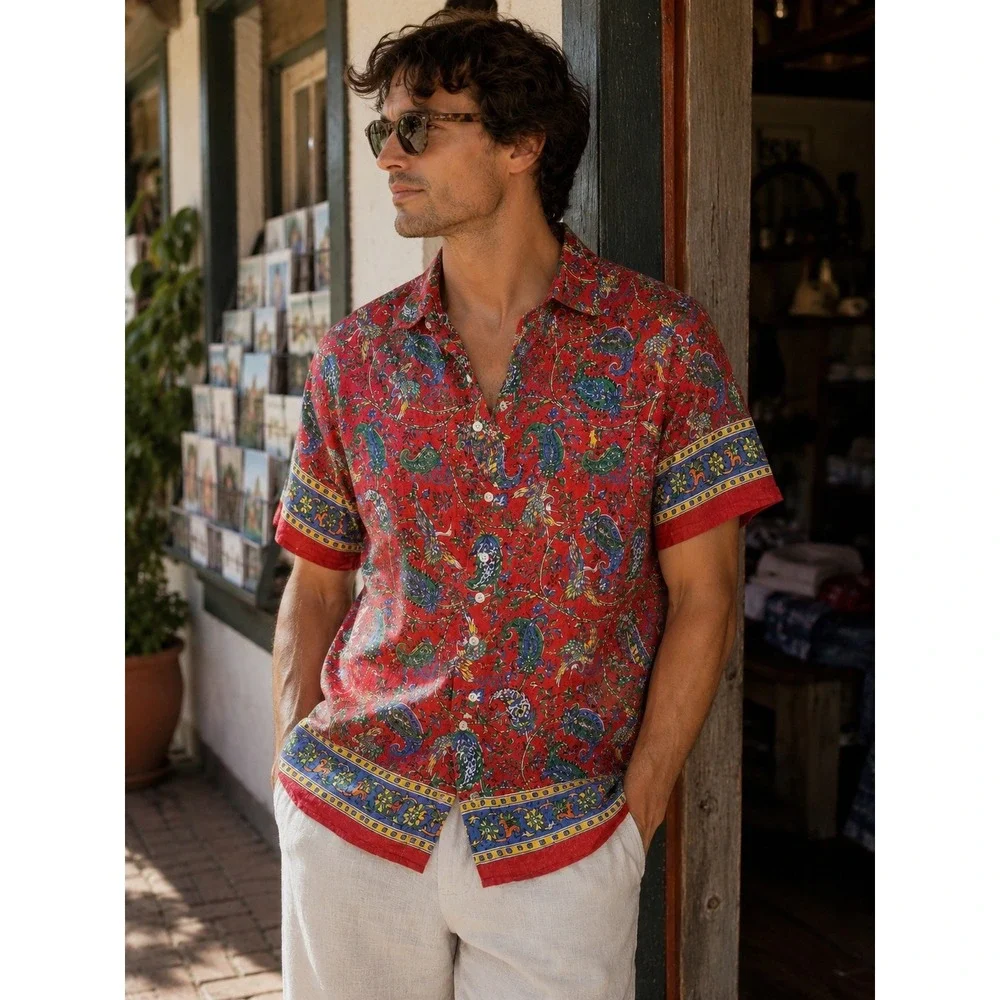 Polo Ralph Lauren Paisley Crane Linen Button Down Shirt Mens Large Red